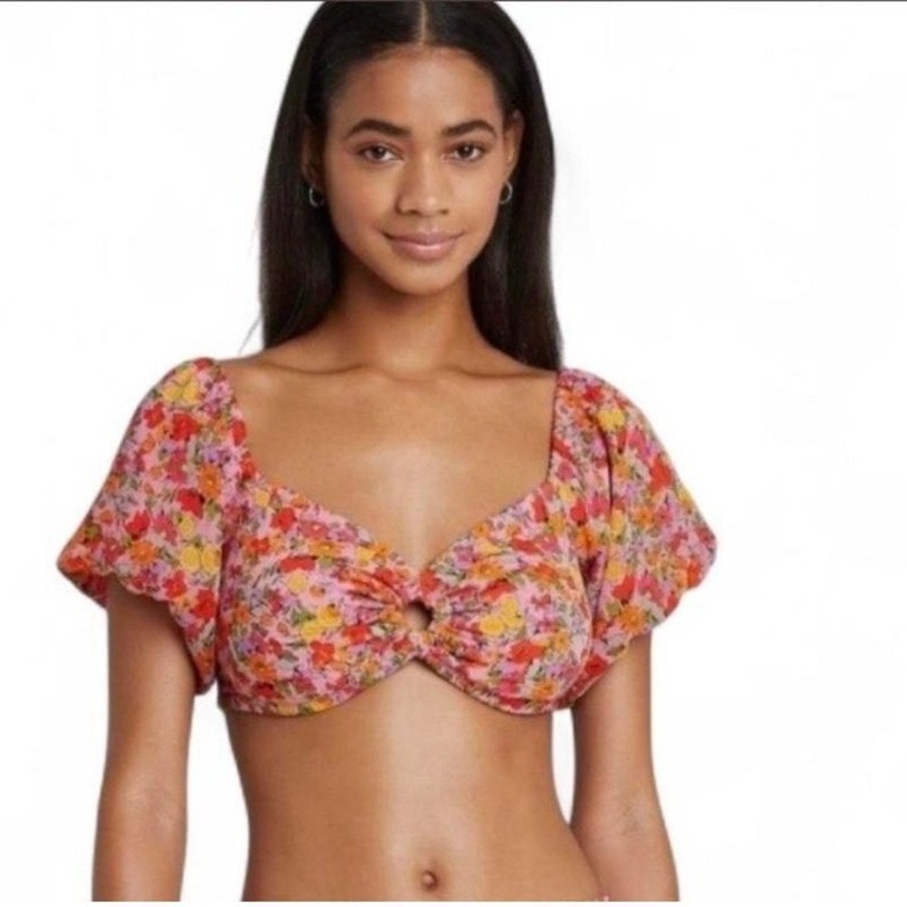 Floral Puff Sleeve Lace Up Back Crop Top Pink XS Corset Coquette Festival Hippie